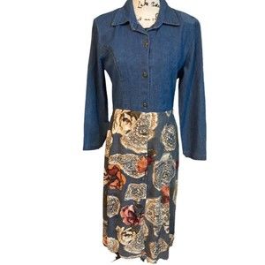 Vintage Women’s Boy Blue Denim Floral Maxi Dress Sz S  Button Down Long Sleeve